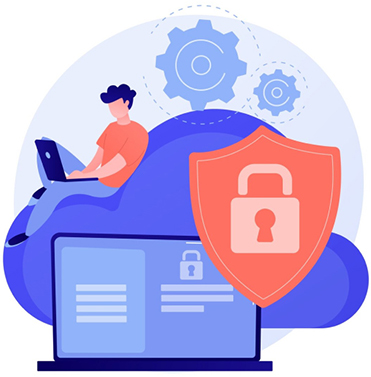 A graphic of a person sitting on a cloud while on a laptop. Cybersecurity symbols surround him to represent data protection.